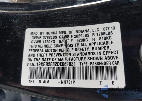 2013 Honda Civic Ex from USA, damaged, VIN 19XFB2F82DE061831